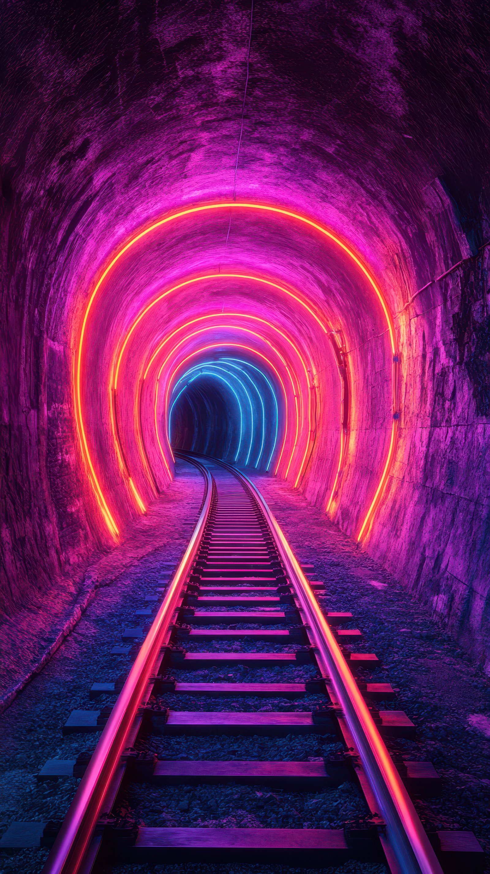Colorful neon lights illuminate an underground tunnel with railway tracks in a striking display of vibrant hues